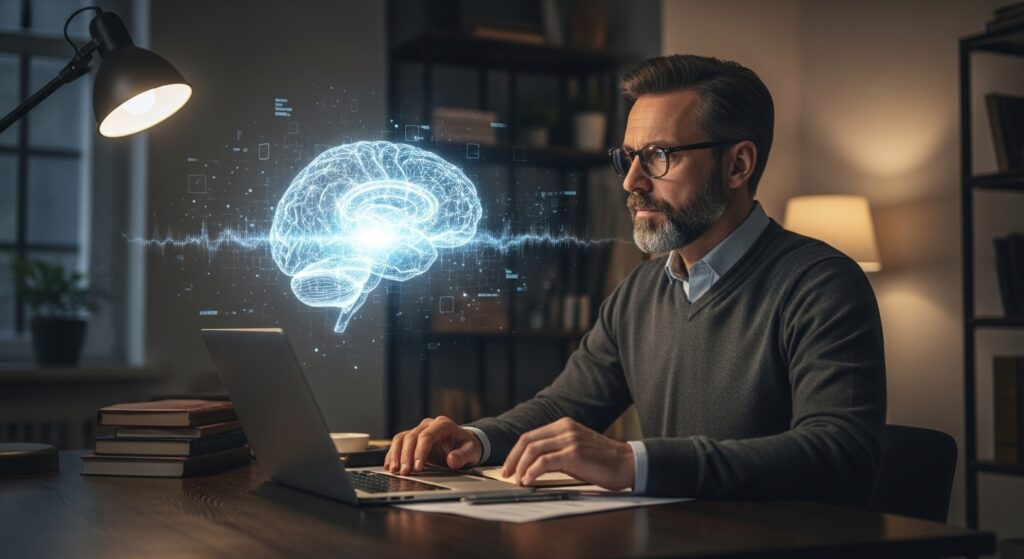 A thoughtful person sitting at a desk, staring at a glowing AI hologram of a brain hovering above a laptop, in a dimly lit study, cinematic, 16:9.