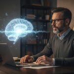 A thoughtful person sitting at a desk, staring at a glowing AI hologram of a brain hovering above a laptop, in a dimly lit study, cinematic, 16:9.