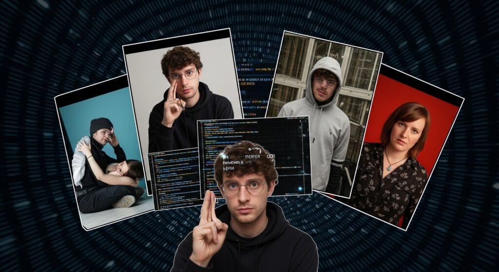 A digital collage showing a person’s photo being manipulated by AI into false, compromising situations, against a backdrop of binary code, dramatic lighting, 16:9.