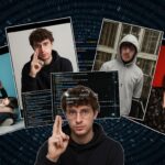 A digital collage showing a person’s photo being manipulated by AI into false, compromising situations, against a backdrop of binary code, dramatic lighting, 16:9.