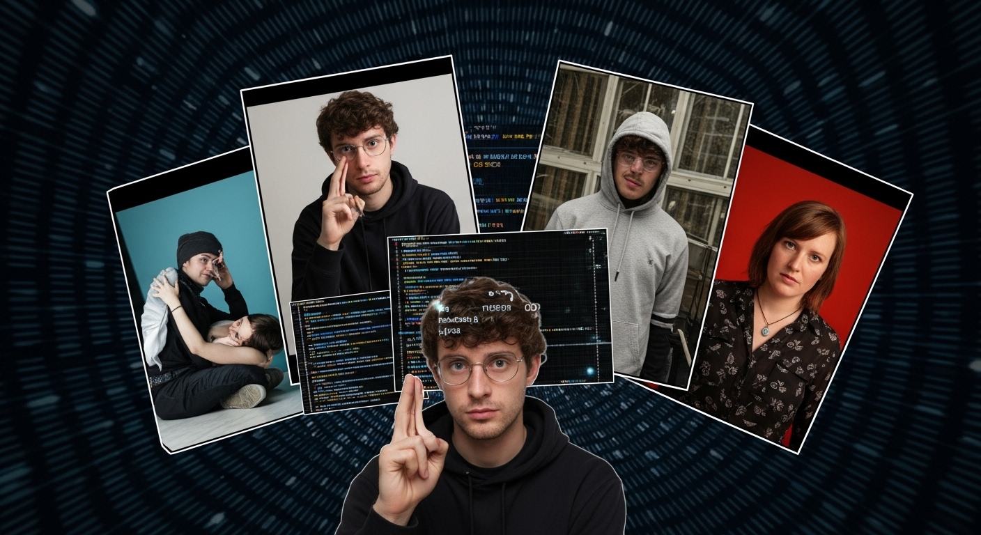 A digital collage showing a person’s photo being manipulated by AI into false, compromising situations, against a backdrop of binary code, dramatic lighting, 16:9.