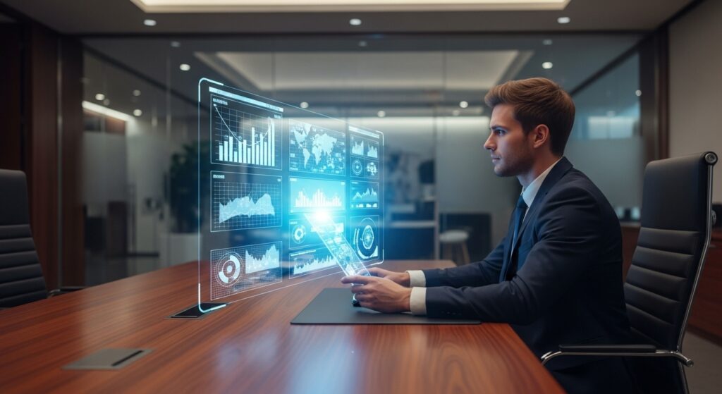 A human figure sitting at a desk, looking at a glowing AI hologram completing their work while their own hands rest idly, cinematic,