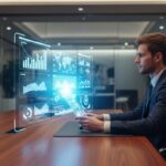 A human figure sitting at a desk, looking at a glowing AI hologram completing their work while their own hands rest idly, cinematic,