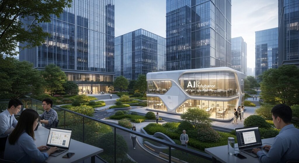 A modern Chinese tech park with glass buildings, lush greenery, and young engineers working with laptops outside a futuristic A.I. incubator in Hangzhou, realistic, cinematic,