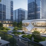 A modern Chinese tech park with glass buildings, lush greenery, and young engineers working with laptops outside a futuristic A.I. incubator in Hangzhou, realistic, cinematic,