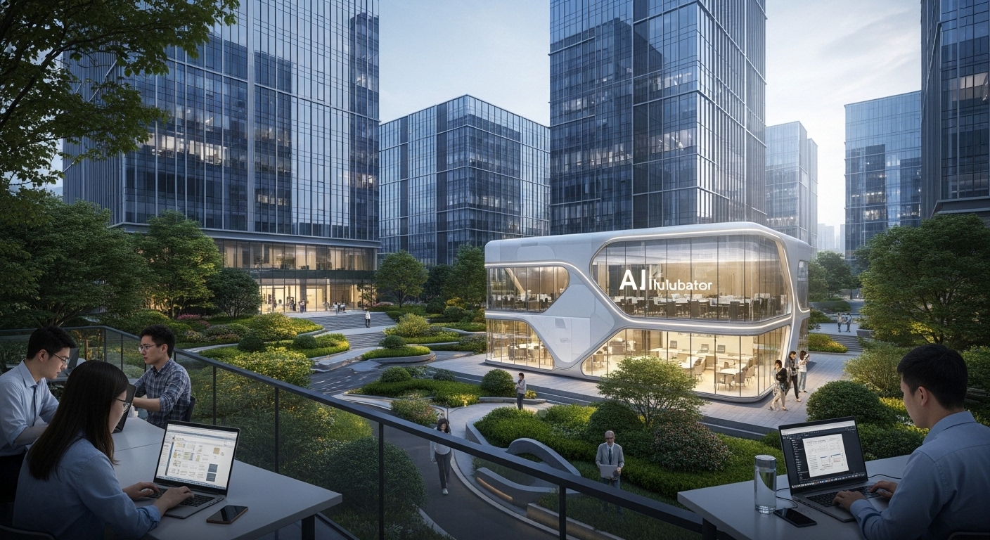 A modern Chinese tech park with glass buildings, lush greenery, and young engineers working with laptops outside a futuristic A.I. incubator in Hangzhou, realistic, cinematic,