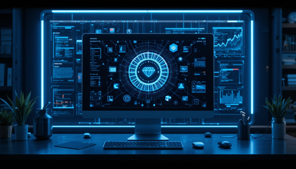 A sleek digital workspace showing a glowing AI hologram manipulating apps and browser windows on a virtual computer screen, cinematic,