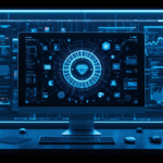 A sleek digital workspace showing a glowing AI hologram manipulating apps and browser windows on a virtual computer screen, cinematic,